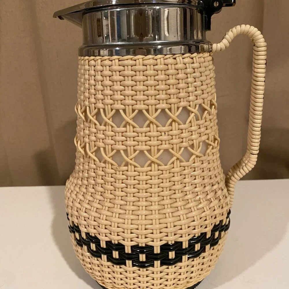 Vintage AB Termoverken Rattan Thermos Pitcher Sweden Cream & Black‎ MCM